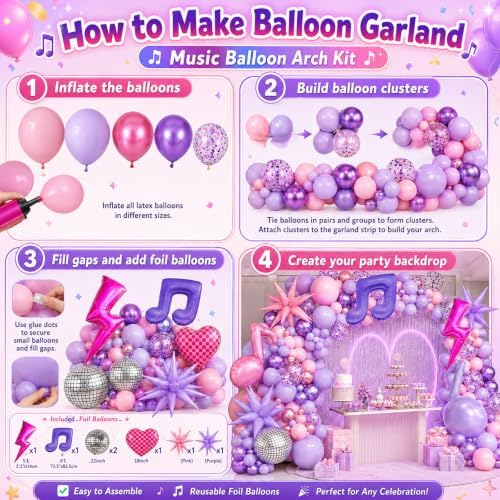K POP Music Birthday Decorations, 162Pcs Pink Purple Balloon Garland Arch Kit with Music Note, Disco Ball, Checkered Heart, Lightning and Star Foil Balloons for Movie Singer Theme Party - Image 6