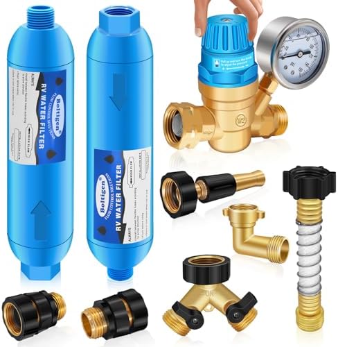 Boltigen RV Water Pressure Regulator Kit, RV Fresh Water Hose Kit with Inline Water Filter, Brass Elbow, Hose Splitter, Hose Quick Connects, Flexible Connector, 3/4'' GHT Leak Repair Kit for RV Camper by Boltigen