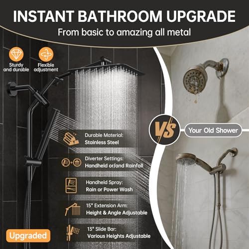 Veken All Metal 10" Luxurious Rain Shower Head with Handheld Spray,Square - Image 6