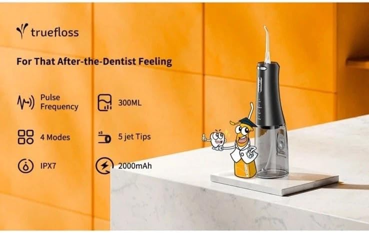 Truefloss Cordless Water Flosser 4 Modes 2000mAh Battery 5 Jet Tips Replacement, IPX7, Black Color - Image 5