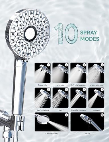 Magichome Filtered Shower Head with Handheld, 10-Mode Adjustable Detachable Chrome Showerhead w/Stainless Hose, Water Softener Filter Beads for Hard Water - Remove Chlorine, Reduce Dry Itchy Skin - Image 4