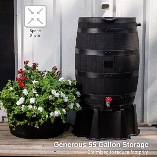 RTS Home Accents Premium 55-Gallon Eco Rain Barrel with Removable Lid, Flat Back Rain Water Collection Barrel, Made with 100% Recycled Plastic, Stand Included, Black - Image 5