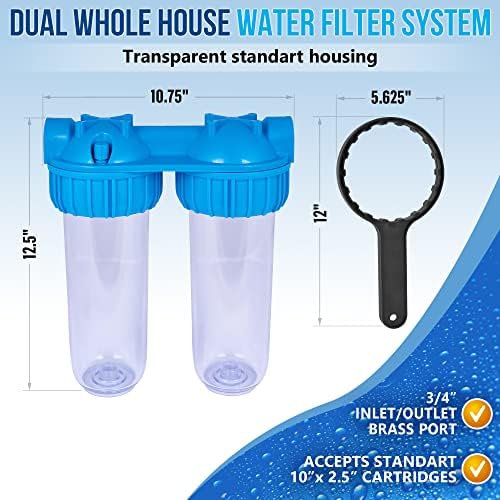 Dual Whole House Water Filter System, Transparent Standard Housings, Presser Relief Valve, 3/4” Inlet/Outlet Brass Port, Yearly supply of Sediment & Carbon Cartridges Meets NSF Standards & Regulations - Image 2