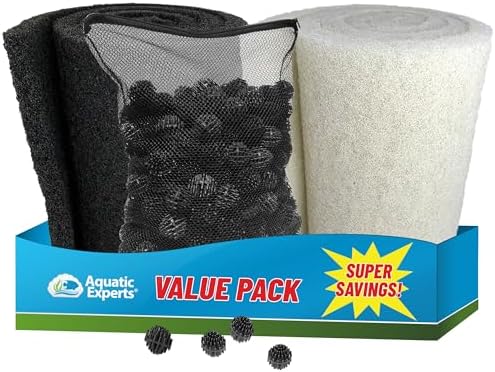 Aquatic Experts Koi Pond Filter Pad Bundle with Bio Balls – White Fine 12" x 72" + Black Coarse 12" x 72" Pads & 300 Count Bio Balls, Reusable Pond Filter Media by AquaticExperts
