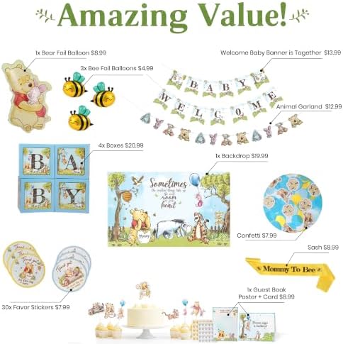 271 Pc Classic Winnie Baby Shower Decorations for Boy – All-In-1 Blue Pooh Baby Shower Balloon Arch, Vintage Pooh Bear Theme Party Decoration Kit with Backdrop, Banners, Baby Boxes, Sash & Table Décor - Image 4