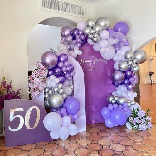 150Pcs Purple Balloons Garland Arch Kit - 5 10 12 18 inch Lavender Pastel Metallic Purple Confetti Balloons Silver White Latex Balloon for Girl Birthday Baby Shower Princess Party Decorations - Image 3
