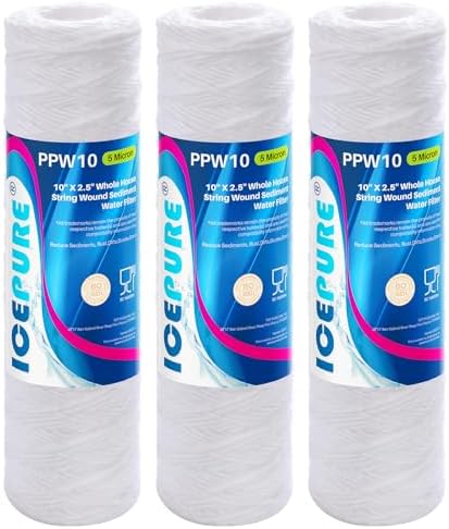 ICEPURE 10" x 2.5" Whole House String Wound Sediment Water Filter for Well Water, 5 Micron Water Cartridge Replacement for Any 10 inch RO Unit, Aqua-Pure AP110, WP-5, CFS110, WFPFC4002, CW-MF, 3 PACK by ICEPURE