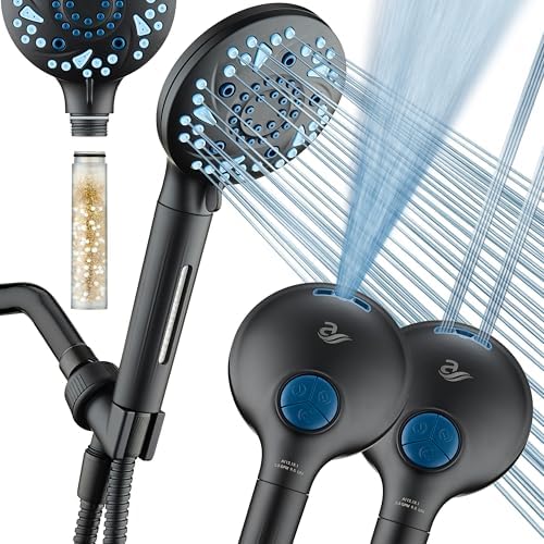 AquaCare High Pressure 10 Spray Mode Filtered Showerhead - Handheld Shower Head Filters Chlorine to Heal Dry Skin, Revive Hair - Dual Power Wash Cleans Tub, Tile, Pets - Hard Water Softener, Black by HotelSpa