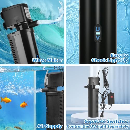 TARARIUM Aquarium Filter U-V for 20-75 Gallon, 200GPH Fish Tank Filter w/ 5W U-V Light Green Clean Machine Submersible Powerful Pump Internal Filter for Turtle Tank Saltwater Freshwater Crystal Clear - Image 5