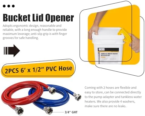 Tankless Water Heater Flushing Kit Includes 1/4HP Stainless Steel Sump Pump with Two Adapters & 3 Gallons Pail with Bucket Lid Opener & Two 1/2” Dia X 6’ Hoses with Washers - Image 5