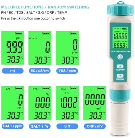 pH Meter for Water 7 in 1 PH/TDS/EC/Salt/S.G/ORP/Temp Meter,pH Tester Digital Backlit Waterproof LCD,TDS Meter EC Meter PPM Meter Suitable for Pools, Drinking Water, Aquariums, Hydroponic Cooking. - Image 4