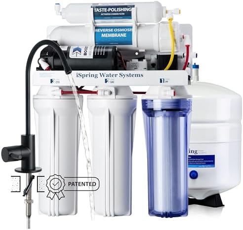 iSpring RCC7P-BLK, 5-Stage Reverse Osmosis System with Booster Pump, RO Water Filtration System, Sleek Black RO Faucet, TDS PFAS Removal, Patented Top-Mounted Faucet Design for Easy Installation by iSpring