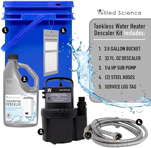 Allied Science Tankless Water Heater Flushing Kit with Square 3.5-Gallon Bucket, Steel Hoses, 1/6 HP Pump, and Quart Eco-Friendly Descaler - Image 2