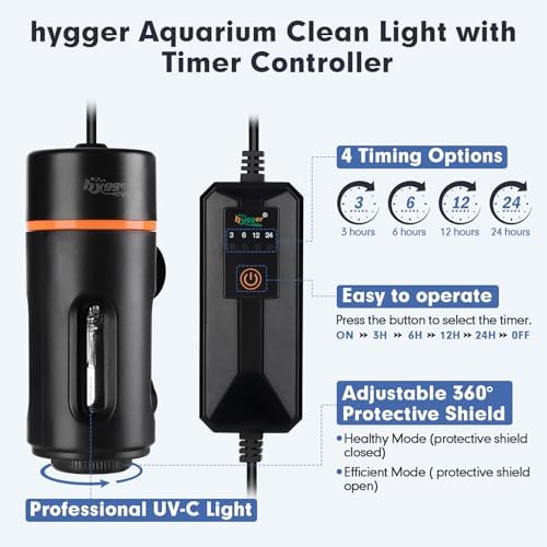 hygger Aquarium U-V Light with Timer, 360° Protective Shield Clean Light for Green Water and Algae Clean, Mini Algae Control Lamp for Freshwater and Saltwater Tank (5W for 13-40 Gallon) - Image 2
