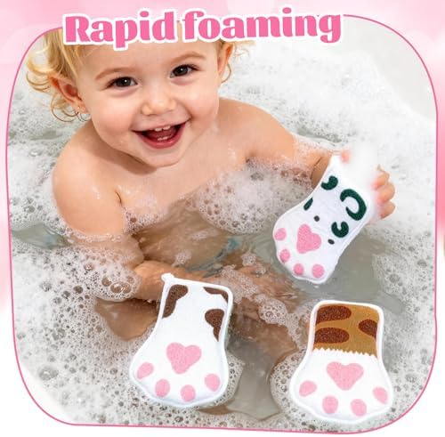Baby and Kids Bath loofah Sponge, Easy Grip Cute Cat Paw Design Kids Body Exfoliating Body Scrubber Loofah Sponge,Bath Sponge Set Designed for Toddler, Women, Boys, and Girls (3 Pack) - Image 3