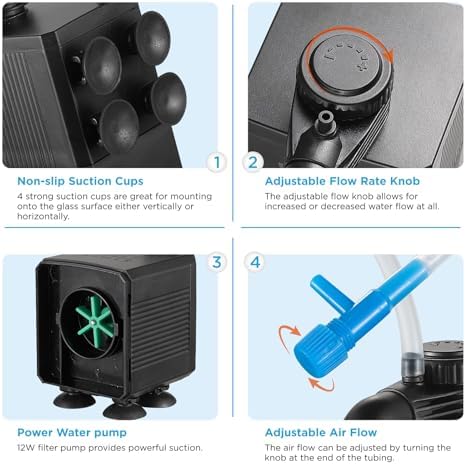 Internal Fish Tank Filter, 12W Adjustable Water Flow Submersible Aquarium Filter Pump for 40~60 Gallon Freshwater or 25~45 Gallon Saltwater, 2 Mode Aeration & Rainfall, TE-900(250GPH) - Image 5