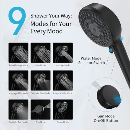 Filtered Shower Head with Handheld, 9 Spray Mode High Pressure Shower Head with 4 Filters, Hard Water Filter Showerhead - Remove Chlorine, Matte Black - Image 6