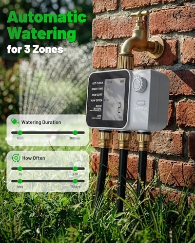 [All-New 2027] 3 Zone Sprinkler Timer with Brass Inlet, Unistyle Water Timer for Garden Hose with Rain Delay/Manual Watering/Automatic Irrigation, Hose Timers with Large LCD for Yard and Lawn Patio - Image 4