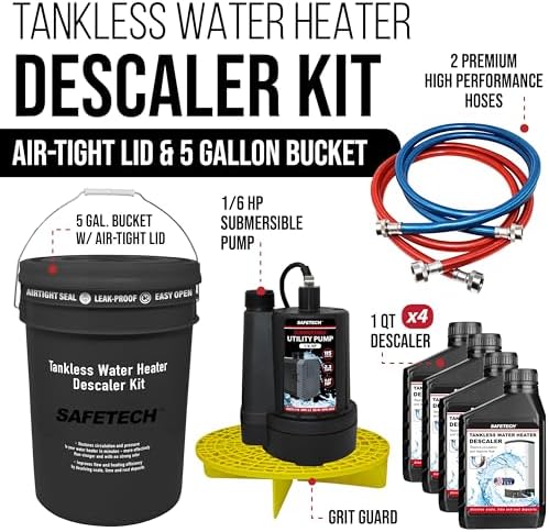Safetech Tankless Water Heater Flushing Kit with 5-Gallon Screw-Top Lid, Premium Hoses, 1/6 HP Utility Pump, 4 Quarts Descaler, and Pump Grate - Image 2