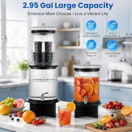 Glass Gravity Water Filter Machine System,6-Stage Countertop Water Dispenser with 2 Filter and Farmhouse-Style Stand,3 Gallon - Image 2