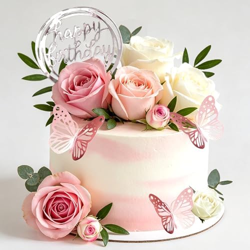 Flower Cake Toppers, Happy Birthday Rose Gold Cake Decorations with Artificial Flowers Butterfly Balls for Wedding Baby Shower Birthday Party Supplies (Pink) by LEFUBABY