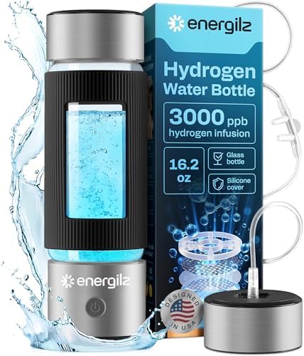 Hydrogen Water Bottle | Large 16.2 oz (480 ml) Hydrogen Water Bottle Generator 3000ppb | Hydrogenator Machine | SPE/PEM Hydrogenated Ionizer Generator (Steel w/Black) by Energilz