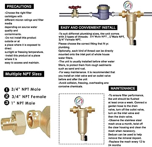 Beduan Reusable Spin Down Sediment Water Filter for Whole House Prefilter System Protector,1"Male Thread,3/4"Male & Female Thread,1/2"Male Thread (50 Micron & Copper Made & Pressure Gauge) - Image 6