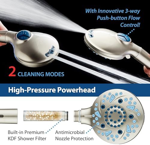AquaCare High Pressure 10 Spray Mode Filtered Showerhead - Handheld Shower Head Filters Chlorine to Heal Dry Skin, Revive Hair - Dual Power Wash Cleans Tub, Tile, Pets - Hard Water Softener, Nickel - Image 5