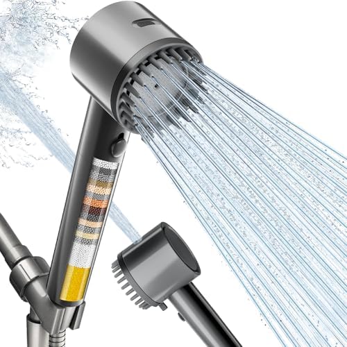 Cobbe Filtered Shower Head with Handheld, High Pressure 5-mode Showerhead with Filters, Built-in Power Wash for Hard Water - Remove Chlorine - Reduces Dry Itchy Skin, Gray Flow Rate 1.8 GPM by Cobbe