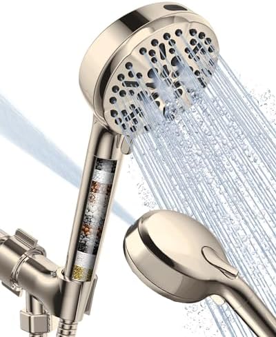 Filtered Shower Head with Handheld Brushed Nickel, BOWGER 6 Modes High Pressure Shower Heads with Power Wash Mode and Hard Water Filter, Detachable Hand Held Showerhead Set with Extra Long Hose by QualityOrientedManufacturer