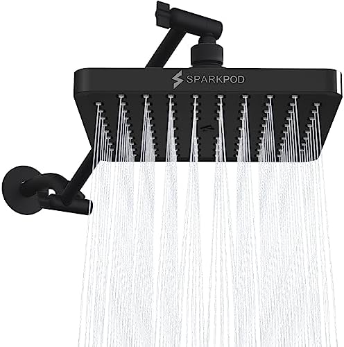 SparkPod Square Rain Shower Head with Extension Arm - Height Adjustable Shower Head with High Pressure Performance - Easy 1-Minute Installation (8" Square, Midnight Black Matte) by SparkPod