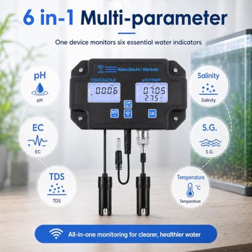 Smart Water Quality Tester 6-in-1 pH/EC/TDS/Salinity/S.G and Temperature Meter with Wi-Fi Continuous Monitor Wall-Mounted pH Water Meter with ATC and Easy Calibration for Aquariums, Hydroponics - Image 3