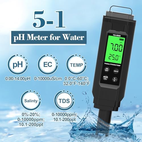 PH Meter,5 in 1TDS Meter,Salinity Tester,EC Meter,Temp,pH Meter for Water,TDS Meter Digital Water Tester,EC Meter Hydroponics,pH Tester Digital PPM Meter,Pool Salt Tester. - Image 2