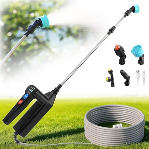 Battery Powered Sprayer Wand with 32.8FT Extended Hose, Electric Garden Sprayer with 3 Speeds & Battery Indicator, 4 Nozzles, 7.4V Portable Weed Sprayer for Lawn Care, Fertilizing, Watering by Sylsmart