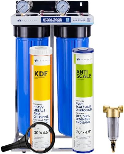Aquaboon 2-Stage Water Filter System with Prefilter & 20x4.5 Anti-Scale/Sediment, KDF Whole House Filters, Pressure Gauge & Release, Wrench, Freestanding Steel Frame by Aquaboon