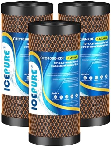 ICEPURE 5 Micron 4.5" x 10" CTO10BB-KDF Whole House Water Filter Coconut Shell Activated Carbon and KDF Heavy Metal Removal Water Filter Replacement for Home, 3PACK by ICEPURE