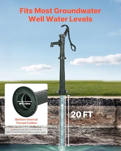 VEVOR Well Hand Pitcher Pump, 20 ft Max Lift, Antique Cast Iron Manual Hand Water Pump with Heightening Base, NPT 1-1/4 in Connection, Easy Installation, for Outdoor Garden, Pond, Yard, Farm, Green - Image 2