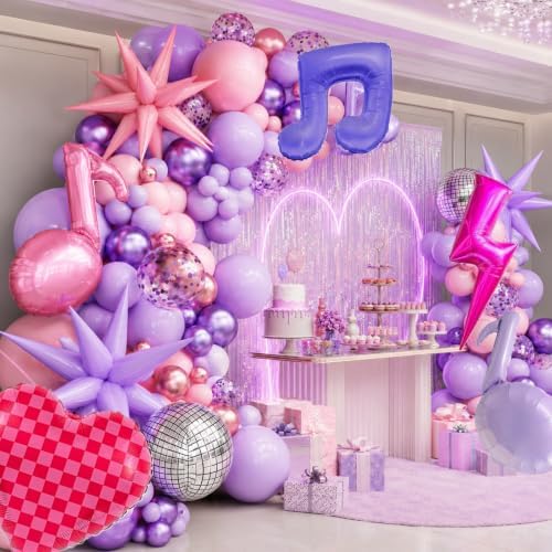 K POP Music Birthday Decorations, 162Pcs Pink Purple Balloon Garland Arch Kit with Music Note, Disco Ball, Checkered Heart, Lightning and Star Foil Balloons for Movie Singer Theme Party - Image 2