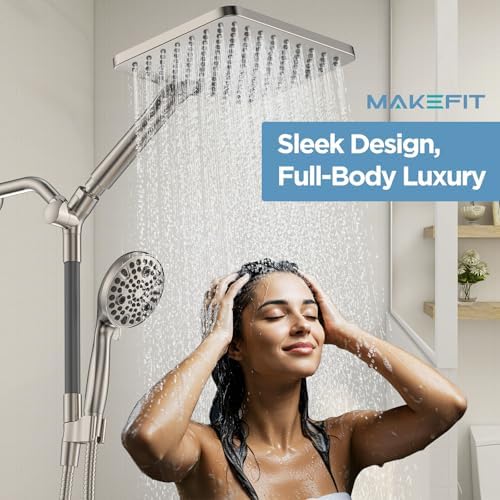 Dual Handheld Shower Head Combo, 2-in-1 Rain Shower Heads System Wide Rainfall Shower Head and 10 Modes High Pressure Hand Held Showerhead with Built-in Power Wash - Brushed Nickel - Image 2