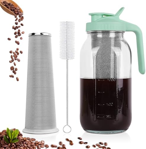 Cold Brew Coffee Maker, 64 oz Mason Jar Pitcher with Stainless Steel Filter, Pour Spout Handle Lid, Heavy Duty Glass Airtight & Leak-Proof for Iced Coffee,Tea & Lemonade by QHH