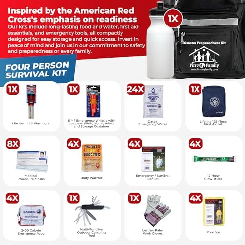 First My Family All-in-One 4 Person, 72 Hour Emergency Survival Kit for Fires, Earthquakes, Hurricanes, Floods, Tsunami and Other Disasters - Premium Black Backpack - Image 4