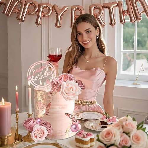 Flower Cake Toppers, Happy Birthday Rose Gold Cake Decorations with Artificial Flowers Butterfly Balls for Wedding Baby Shower Birthday Party Supplies - Image 3