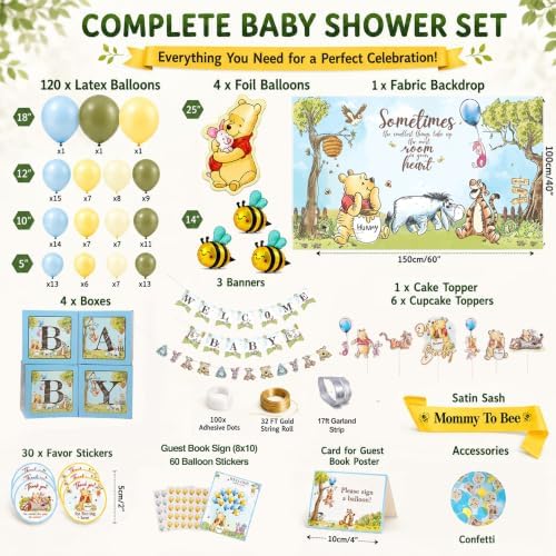 271 Pc Classic Winnie Baby Shower Decorations for Boy – All-In-1 Blue Pooh Baby Shower Balloon Arch, Vintage Pooh Bear Theme Party Decoration Kit with Backdrop, Banners, Baby Boxes, Sash & Table Décor - Image 2