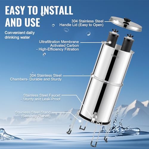 VEVOR Gravity-fed Water Filter System, 2.25G 304 Stainless-Steel Countertop Water Filtration System, Reduces Lead and up to 99% of Chlorine, with 2 Carbon Filters/Spigot/Stand, for Home Camping RV - Image 6
