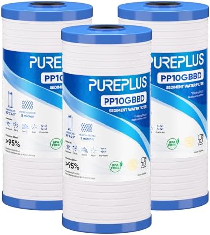 PUREPLUS 5 Micron 10"x4.5" Whole House Grooved Sediment Water Filter 3 Pack by PUREPLUS