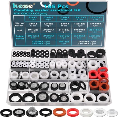 KEZE 24 Sizes Plumbing Washers Assorted Kit 165 PCS Garden Hose Washer Rubber Self Locking Tabs & Shower Head Silicone Gasket Seals,Water Hose Washers with Screen Filter for Repair Connection by KEZE