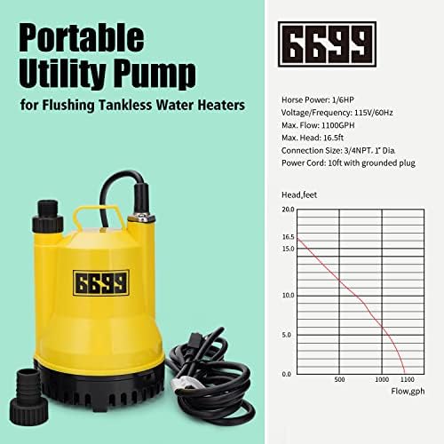 Tankless Water Heater Descaling Flush Kit Includes Submersible Utility Pump with Adapters 3 Gallons Pail with Bucket Lid Opener and Two 3/4" GHT X 6FT PVC Black Hoses Easy Installation to Clean - Image 3