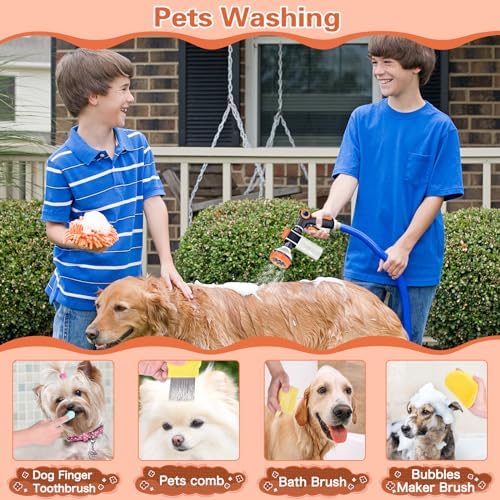 Upgrade Dog Washing Hose Attachment, 8 Way Spray Pattern Garden Hose Nozzle with Soap Dispenser, Dog Wash Supplies with 2 type Dog Bath Brush, Dog Comb and Toothbursh, Car Washing Mitt - Image 2