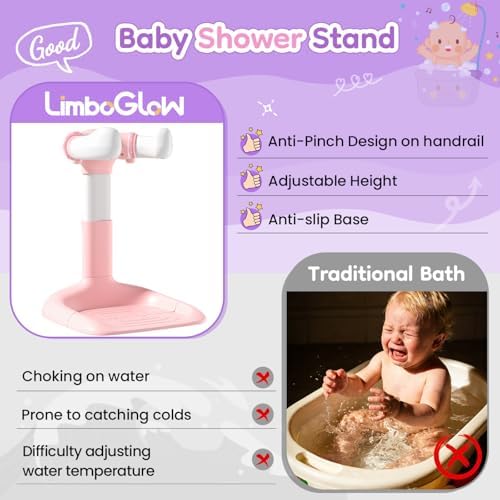 Upgraded Baby Shower Stand with Anti-Pinch Silicone & Anti-Slip Base, Adjustable Height Soporte para Bañera de Bebé, Baby Bath Standing Support Assist Holder for 6-36 Months Toddler, Ideal Gift, Pink - Image 4