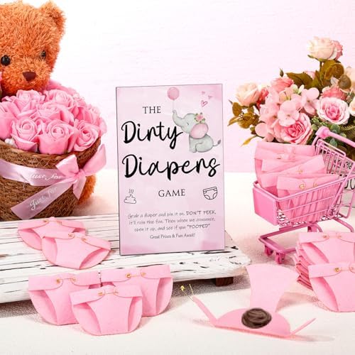 Roowest 51 Pcs Dirty Diaper Baby Shower Games, Pink Elephant - Image 5